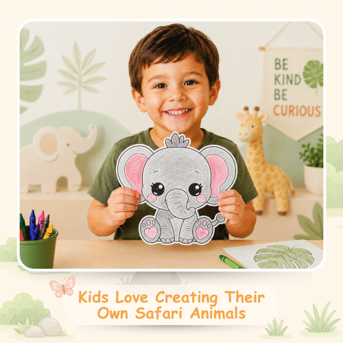 No-prep elephant craft activity for preschool kids with printable templates and coloring pages.