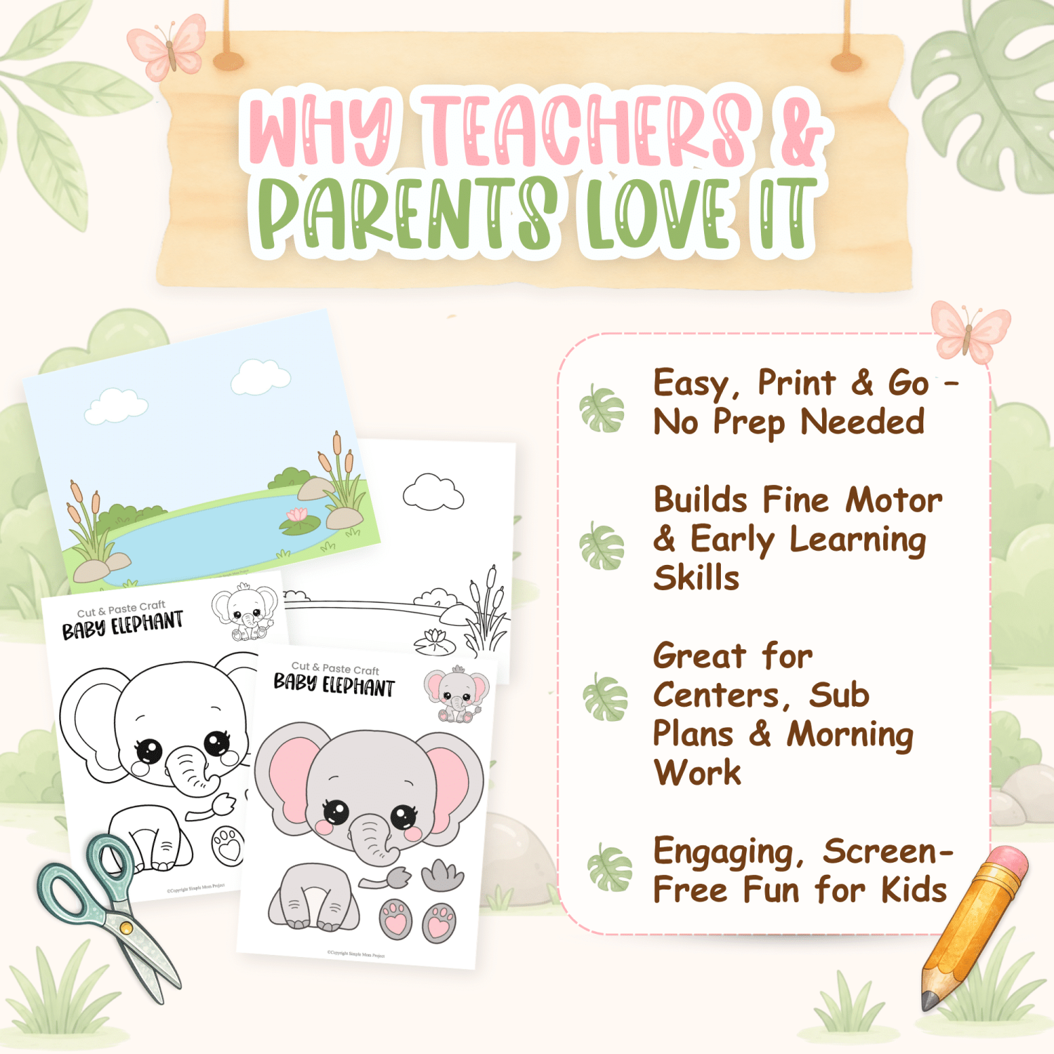 Safari-themed elephant craft printable for preschool and kindergarten children.