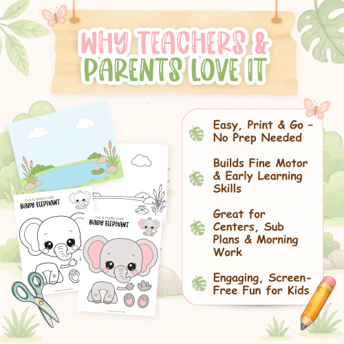 Safari-themed elephant craft printable for preschool and kindergarten children.