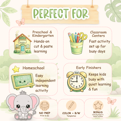 Baby elephant printable activity bundle for safari lessons, homeschool, and classroom centers.