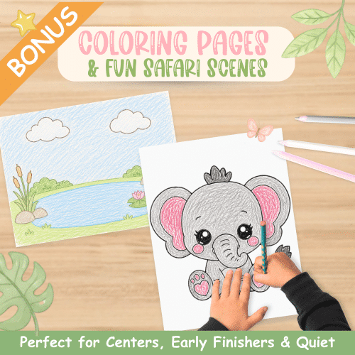 Printable baby elephant activity pack with cut and paste crafts, coloring sheets, and preschool learning activities.