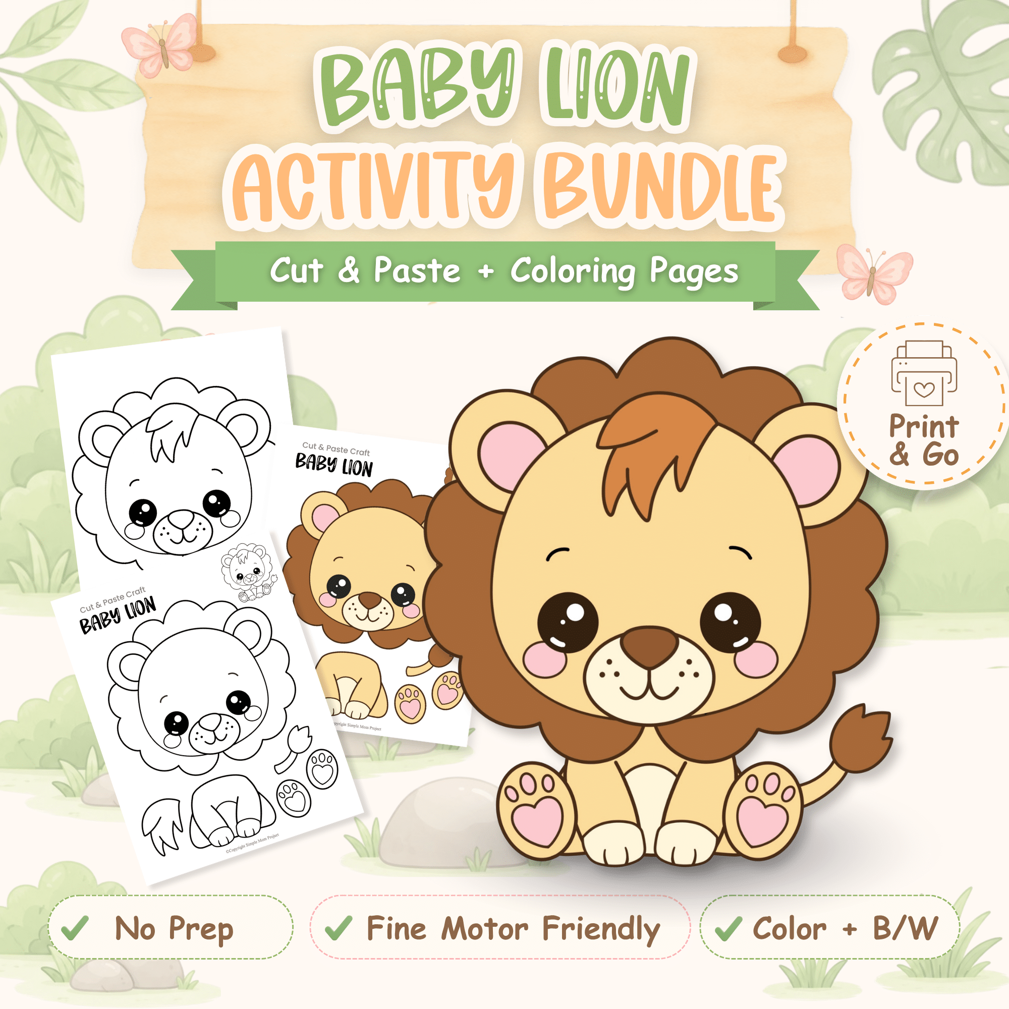 Printable baby lion craft bundle with cut and paste templates and coloring pages for preschool and kindergarten.