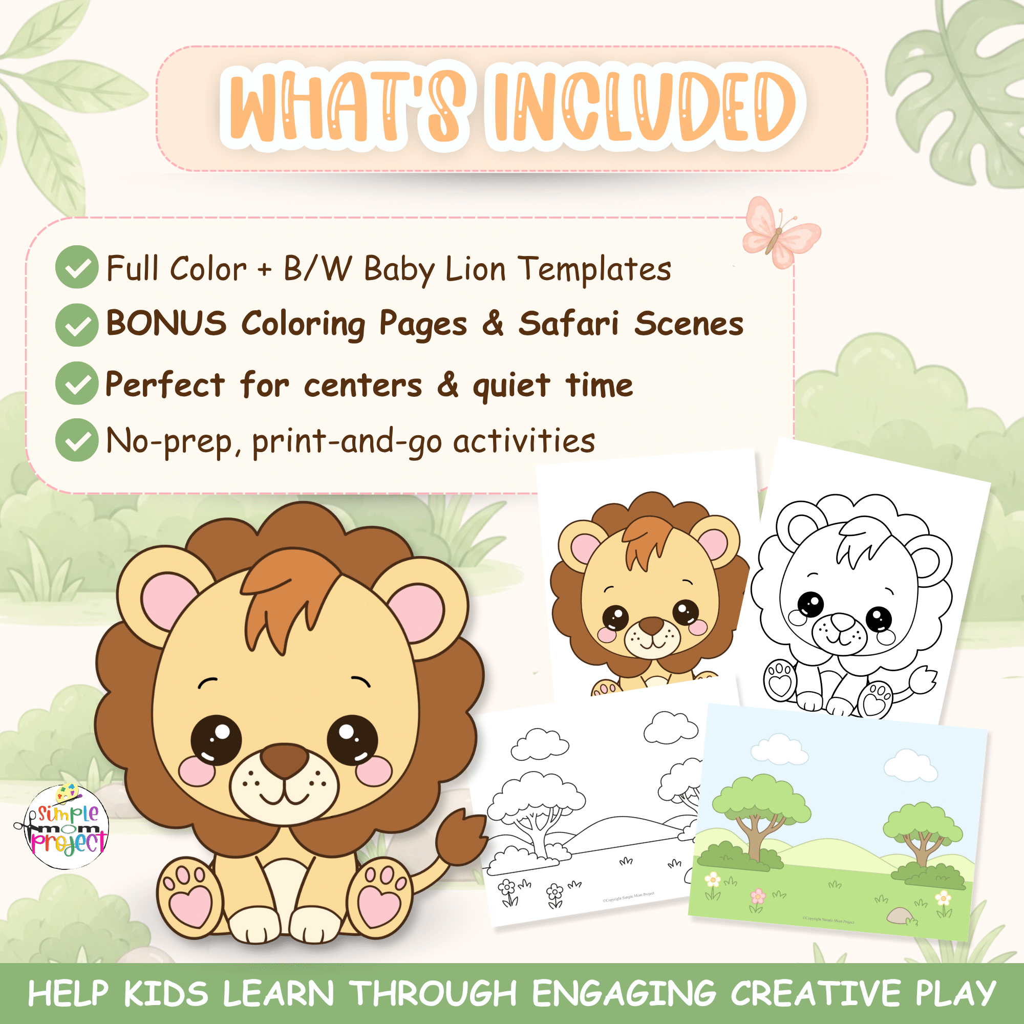 Preschool lion craft printable featuring cut and paste activities, coloring pages, and safari learning fun.