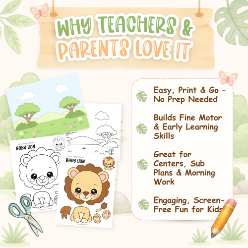Safari-themed lion craft printable for preschool and kindergarten children.