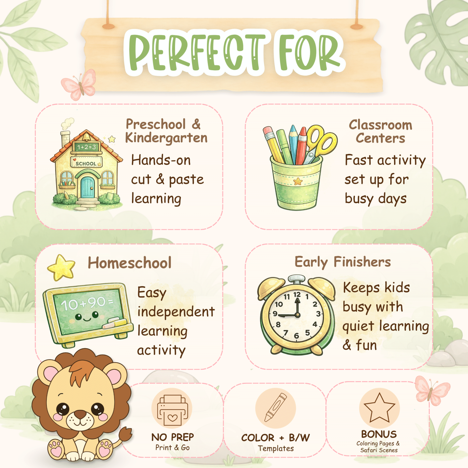 Baby lion printable activity bundle for safari lessons, homeschool, and classroom centers.