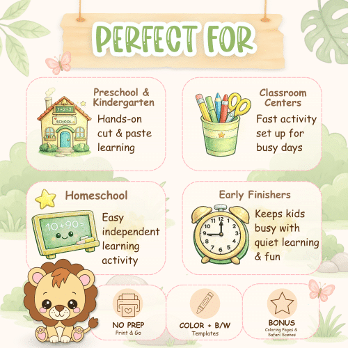 Baby lion printable activity bundle for safari lessons, homeschool, and classroom centers.
