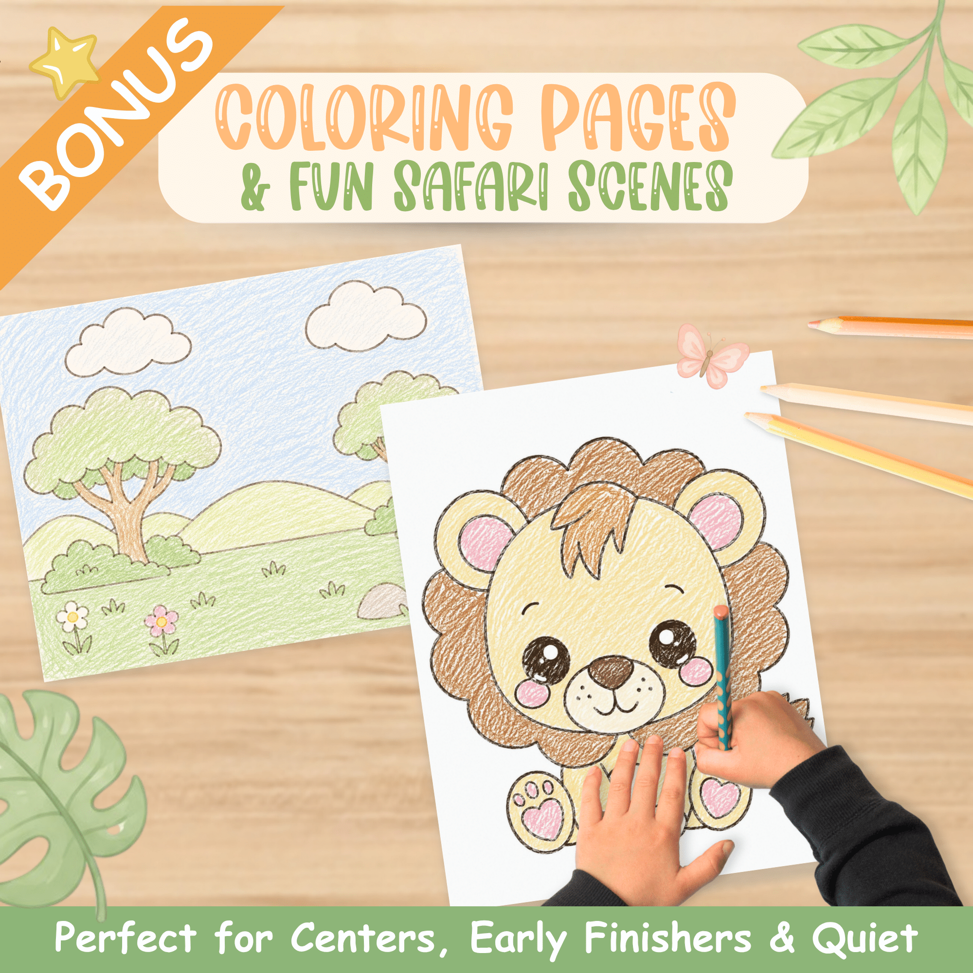 Printable baby lion activity pack with cut and paste crafts, coloring sheets, and preschool learning activities.