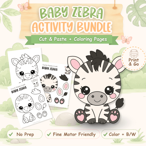 Printable baby zebra craft bundle with cut and paste templates and coloring pages for preschool and kindergarten.