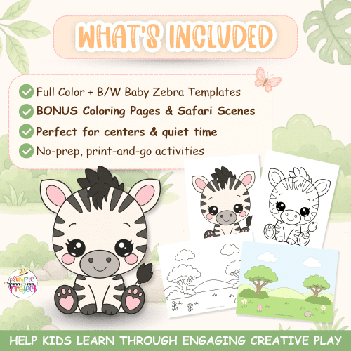 Preschool zebra craft printable featuring cut and paste activities, coloring pages, and safari learning fun.