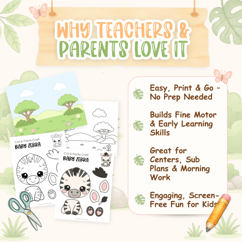 Safari-themed zebra craft printable for preschool and kindergarten children.