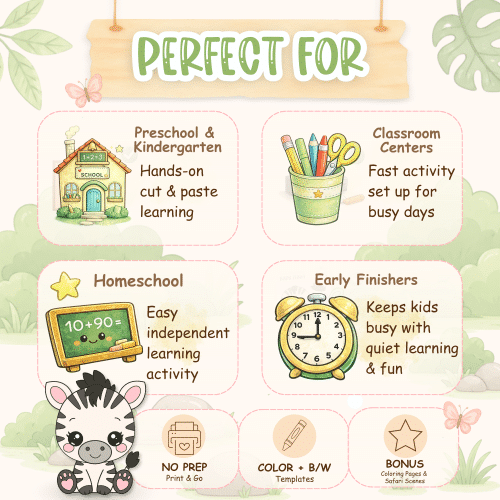 Baby zebra printable activity bundle for safari lessons, homeschool, and classroom centers.