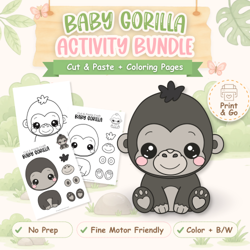 Baby gorilla cut and paste craft printable for preschool
