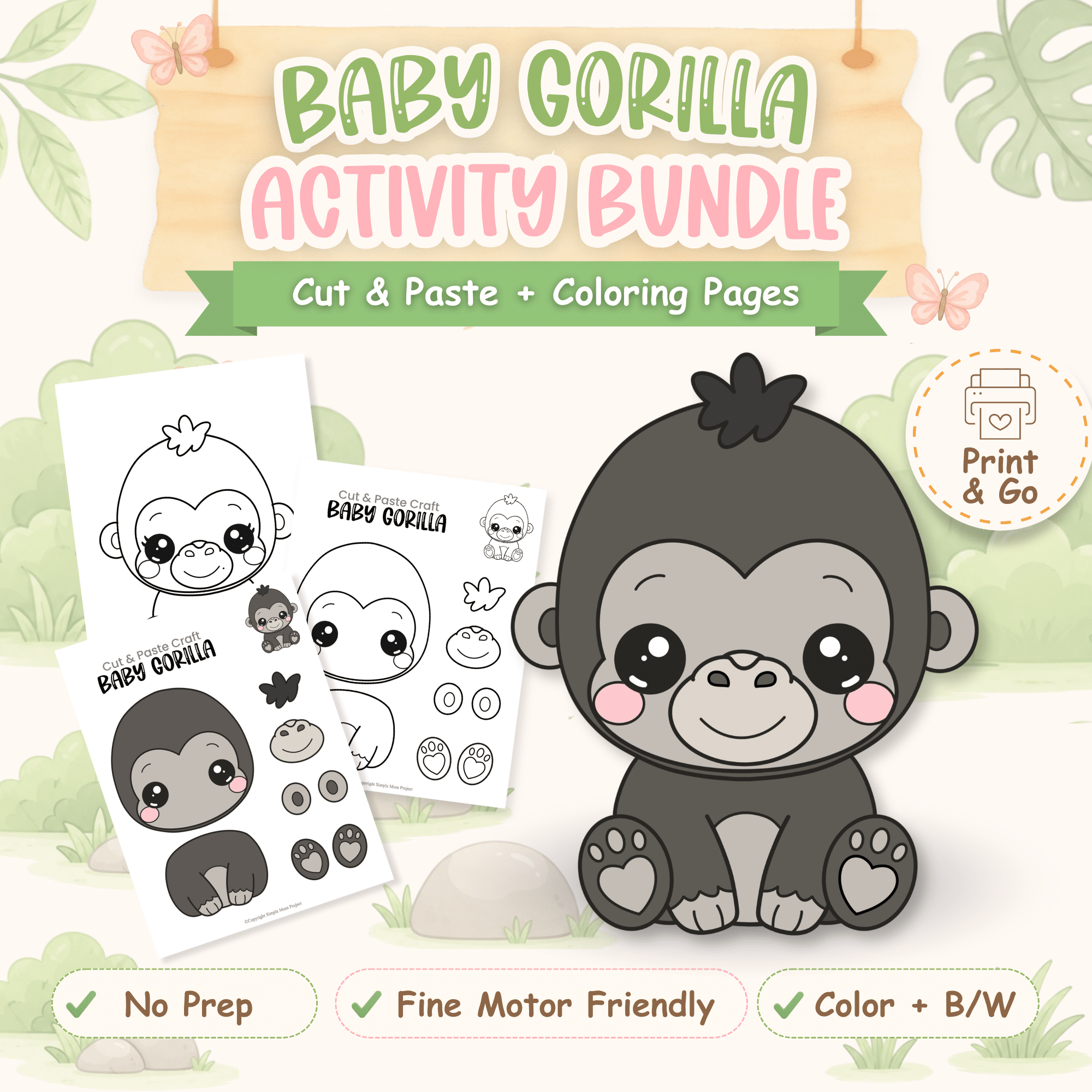 Baby gorilla cut and paste craft printable for preschool