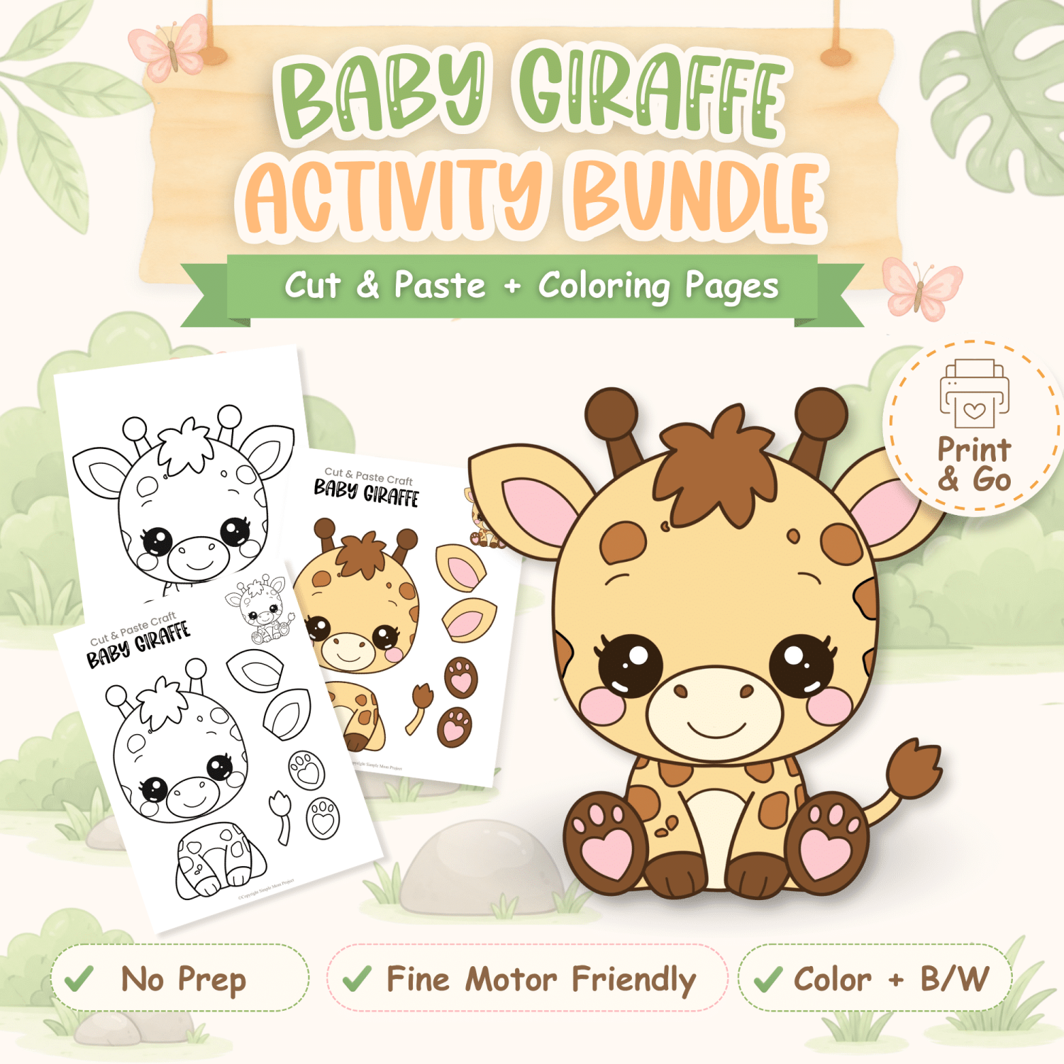 Baby giraffe cut and paste craft printable for preschool