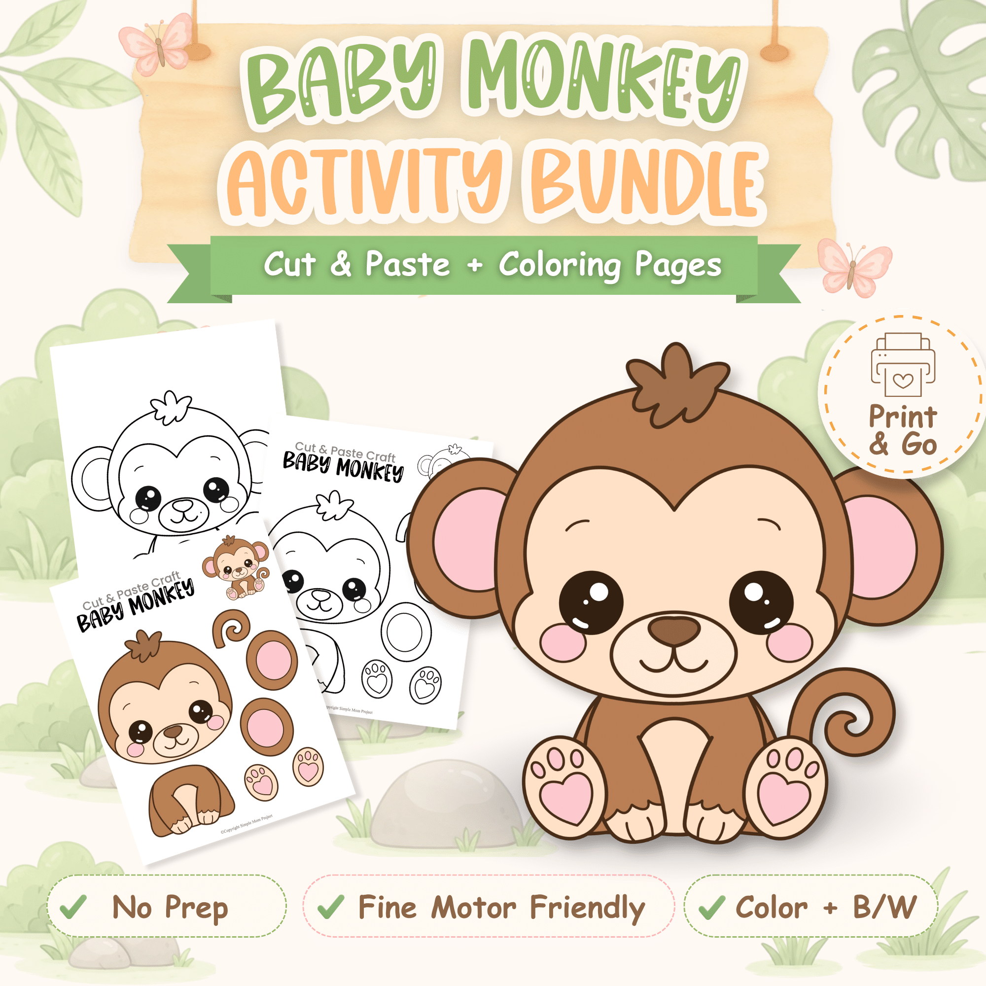 Baby monkey cut and paste craft printable for preschool