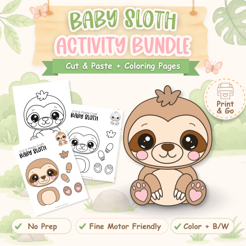 Baby sloth cut and paste craft printable for preschool