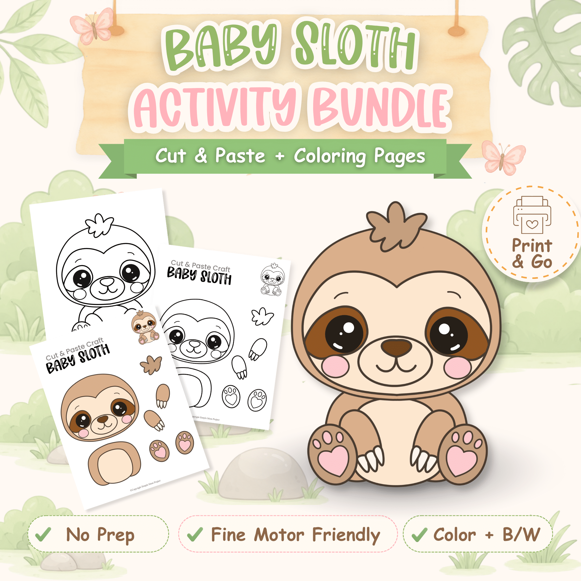 Baby sloth cut and paste craft printable for preschool