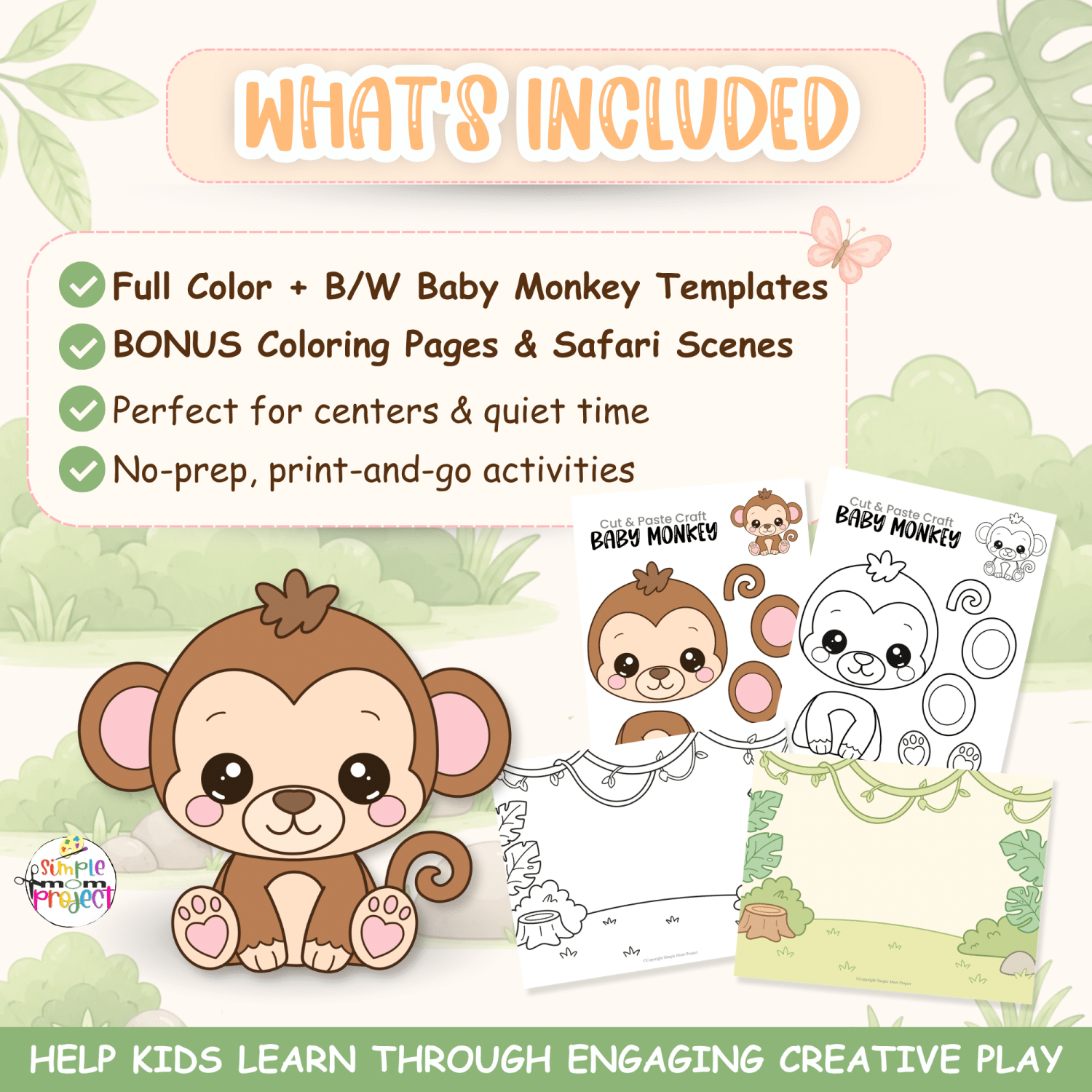 Printable baby monkey safari animal craft activity