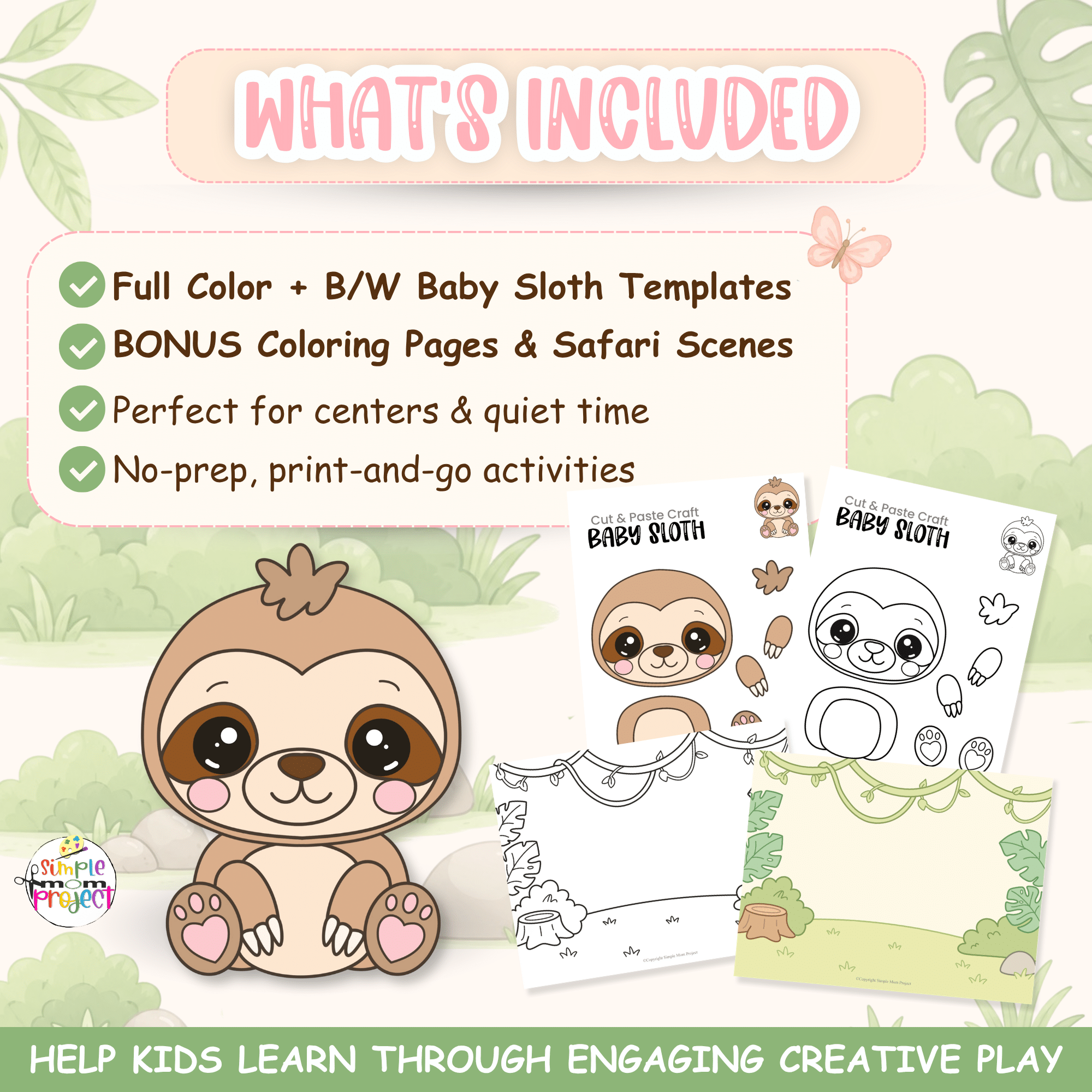 Printable baby sloth animal craft activity