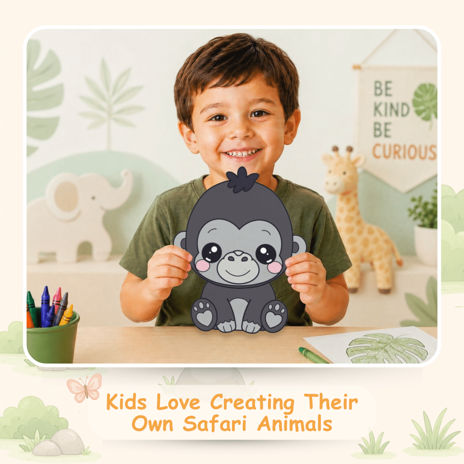 Preschool gorilla craft template with coloring pages