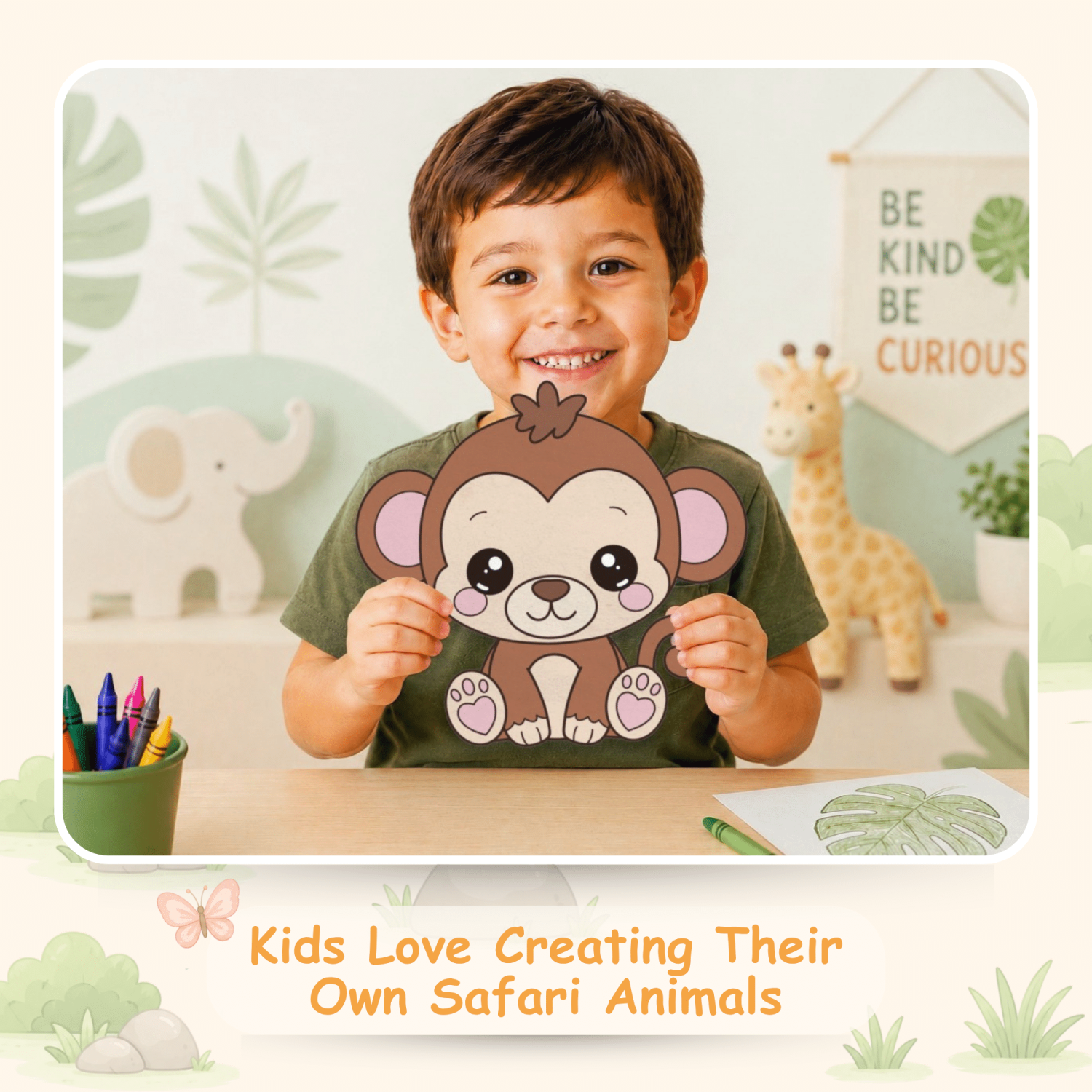 Preschool monkey craft template with coloring pages