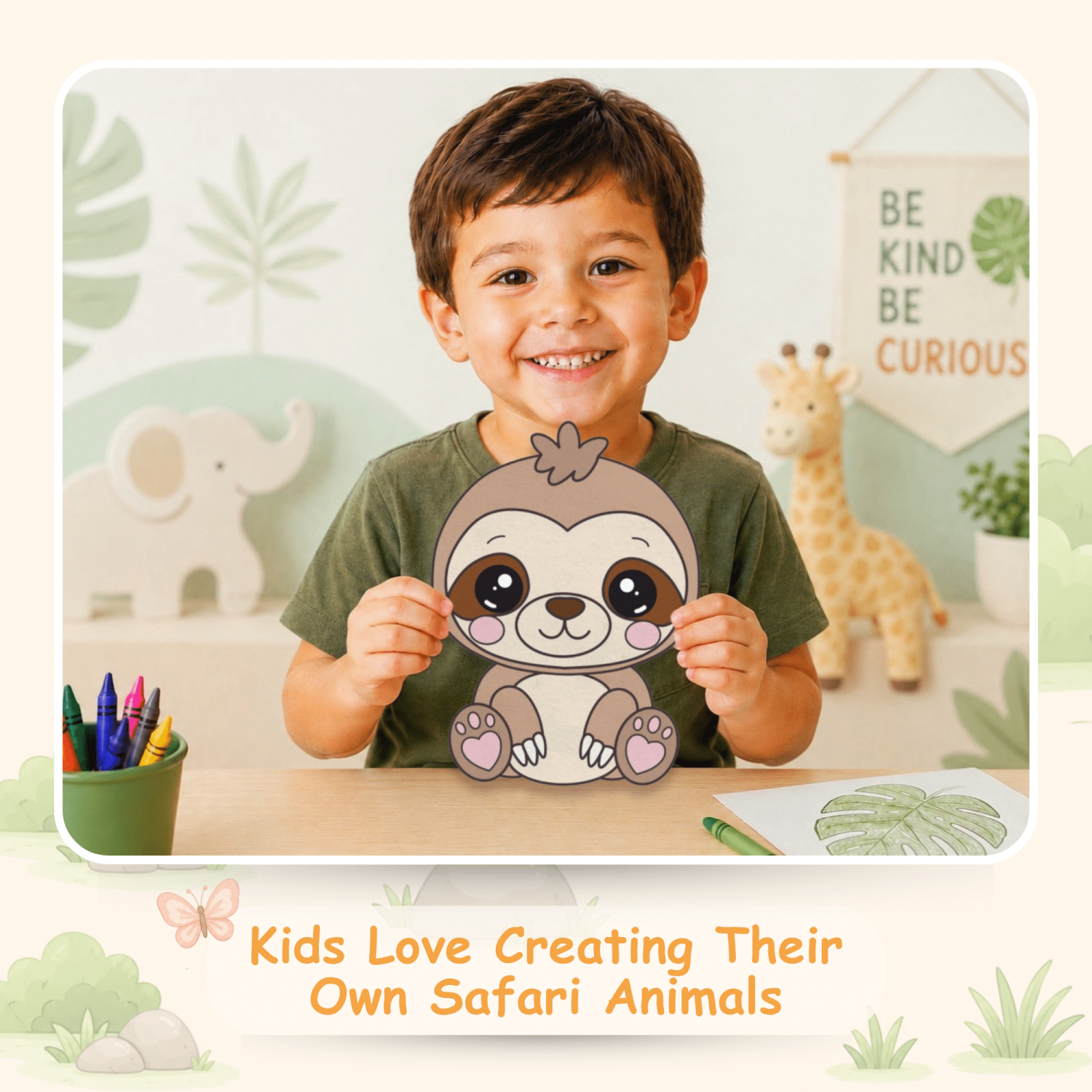 Preschool sloth craft template with coloring pages