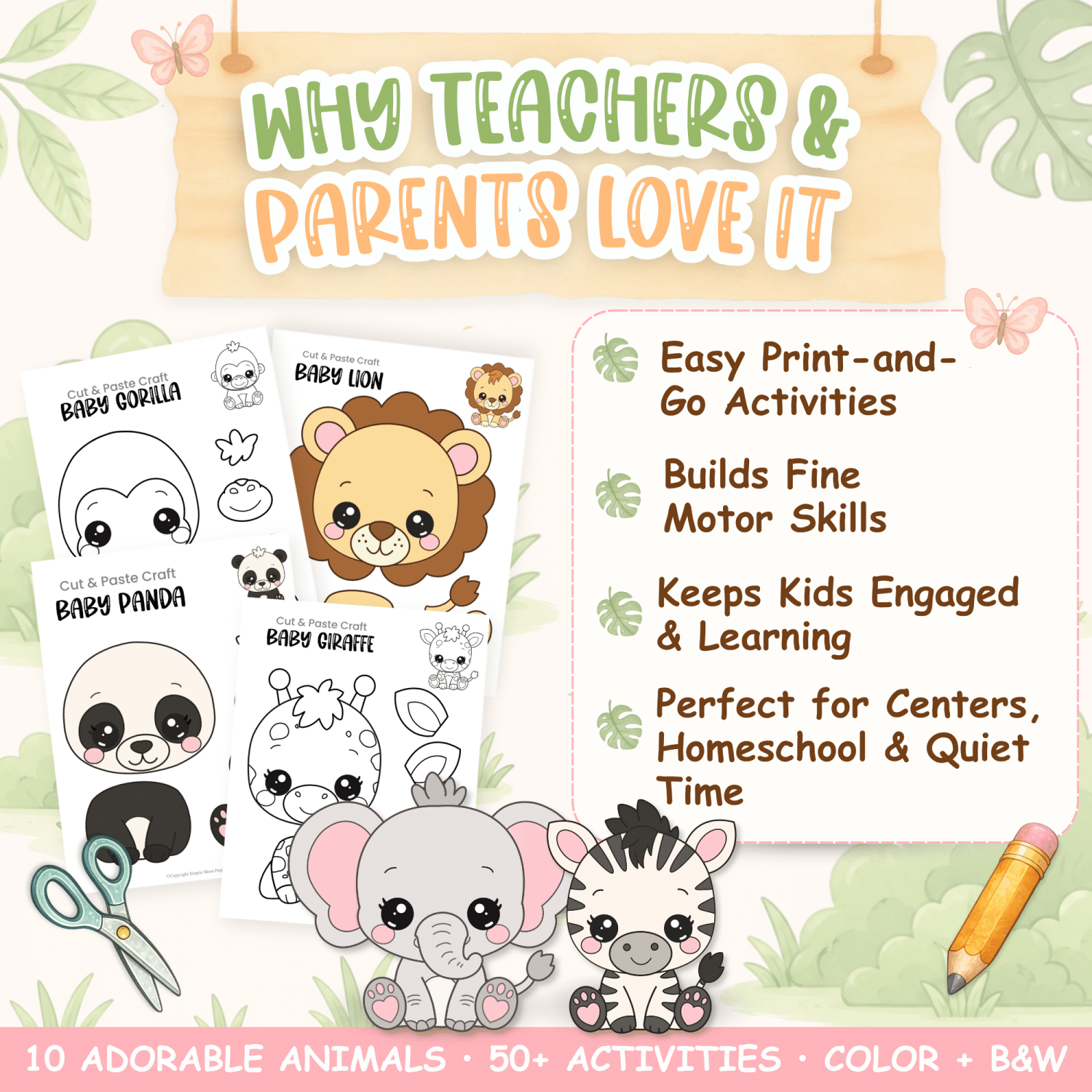 Baby Safari animal craft bundle with coloring pages and backgrounds
