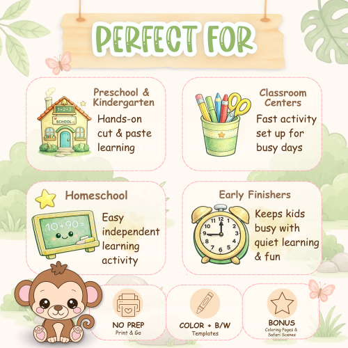 Monkey cut and paste worksheet for kids