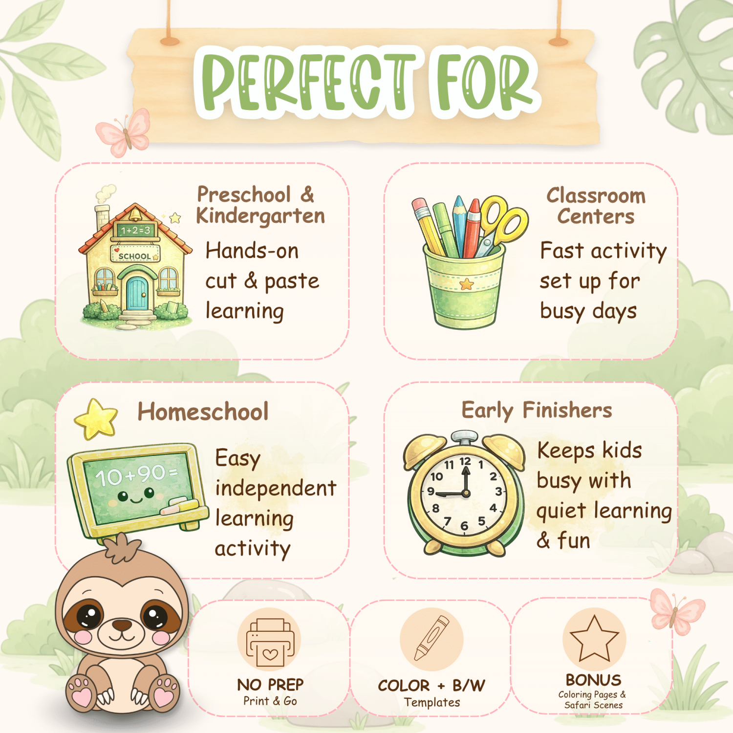 Sloth cut and paste worksheet for kids