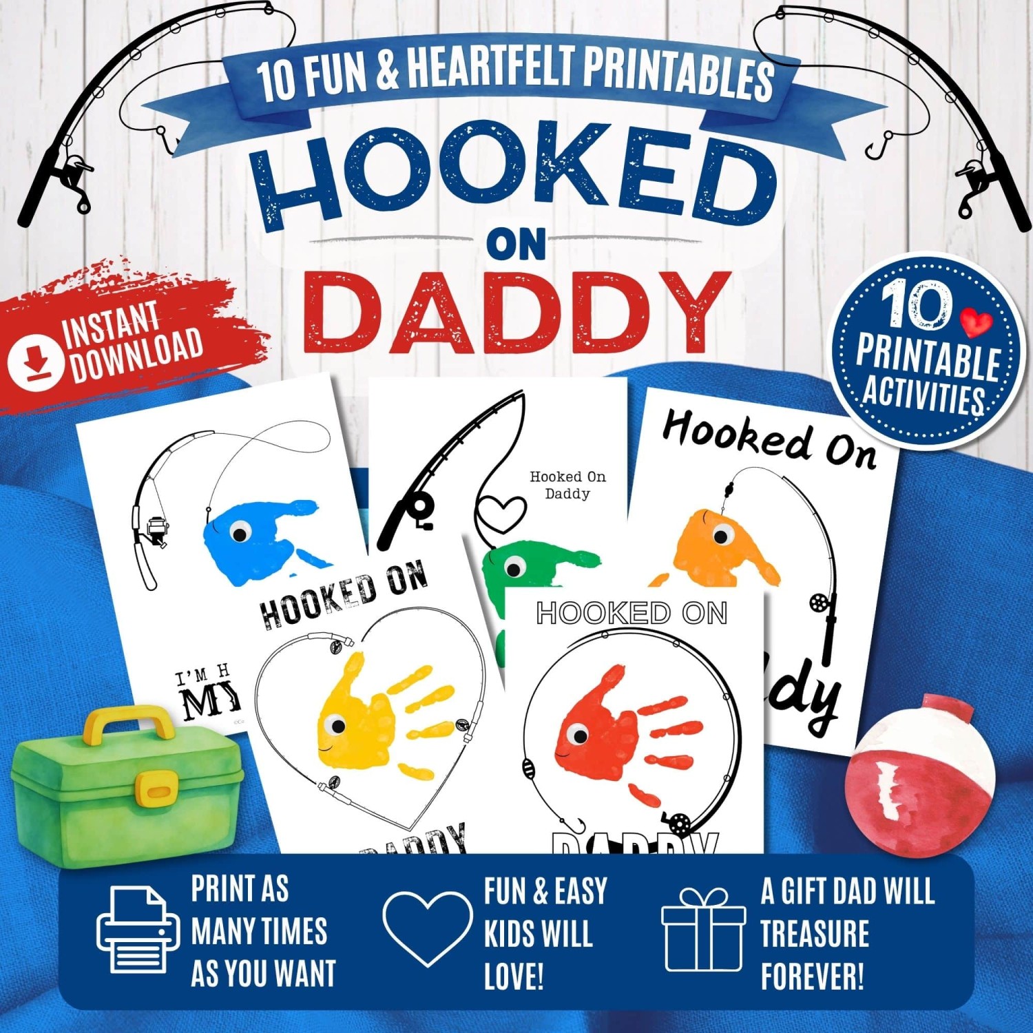 Hooked on Daddy Fishing Craft Bundle | 10 Printable Handprint & Coloring Keepsake Activities for Kids
