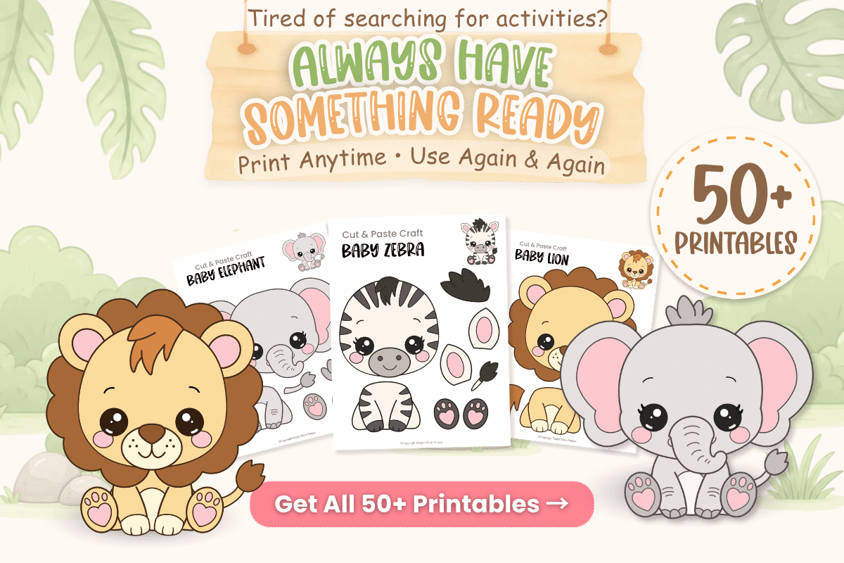 Baby Safari Activity Bundle with 50+ printable preschool animal crafts, coloring pages, and cut-and-paste activities.