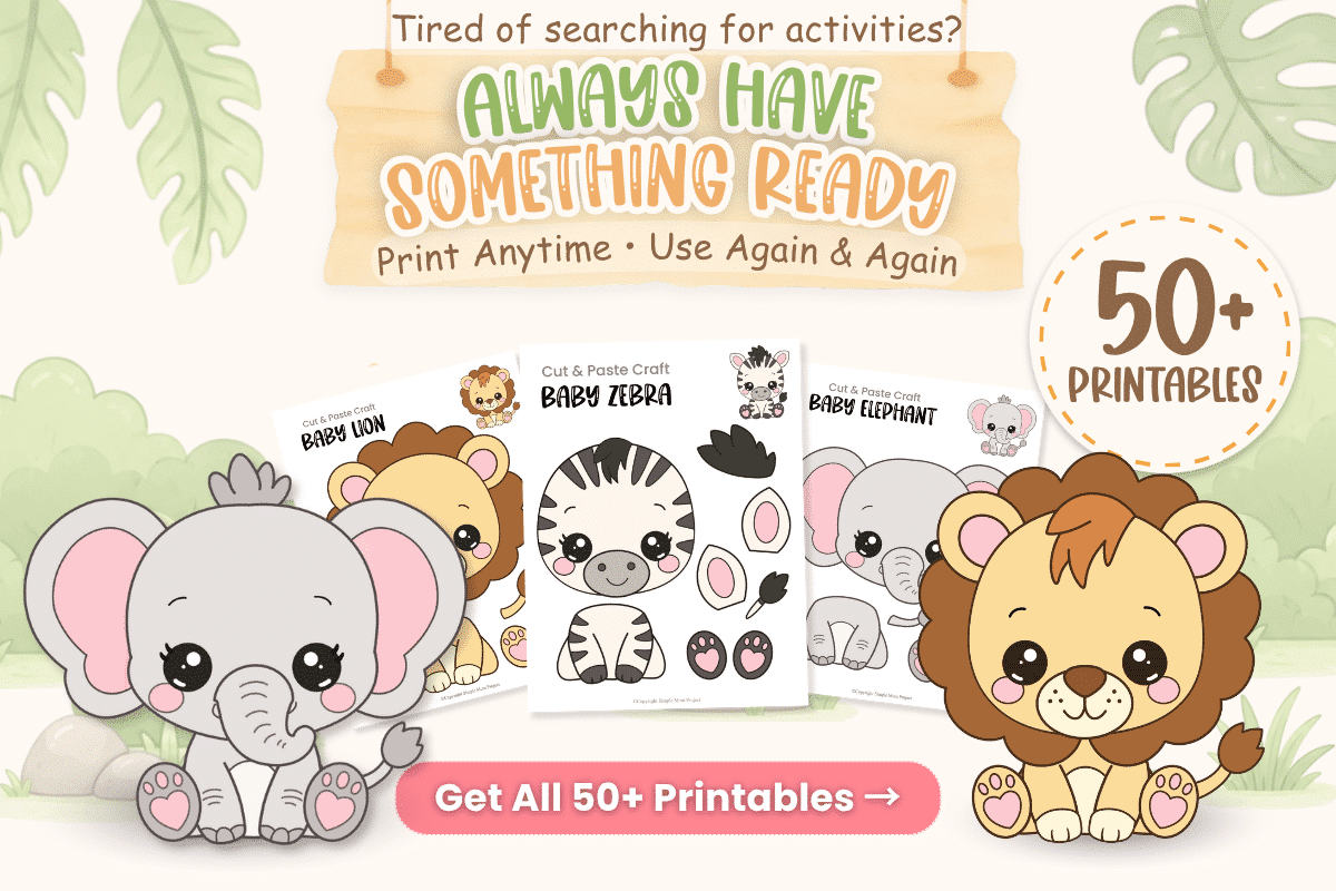 Baby Safari Activity Bundle with 50+ printable preschool animal crafts, coloring pages, and cut-and-paste activities.