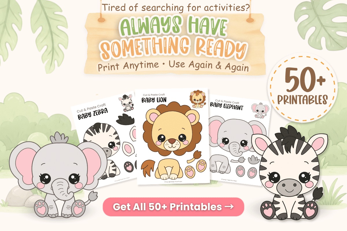 Baby Safari Activity Bundle with 50+ printable preschool animal crafts, coloring pages, and cut-and-paste activities.