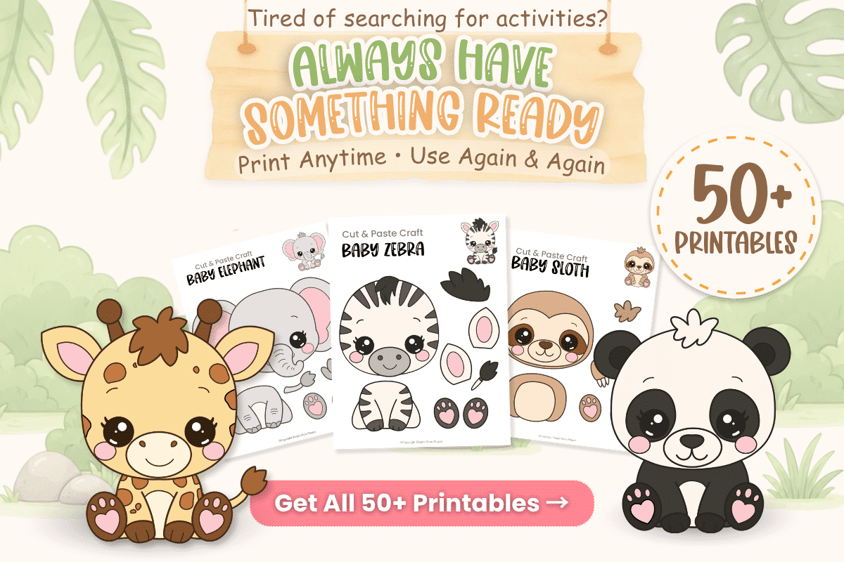 Baby Safari Activity Bundle with 50+ printable preschool animal crafts, coloring pages, and cut-and-paste activities.