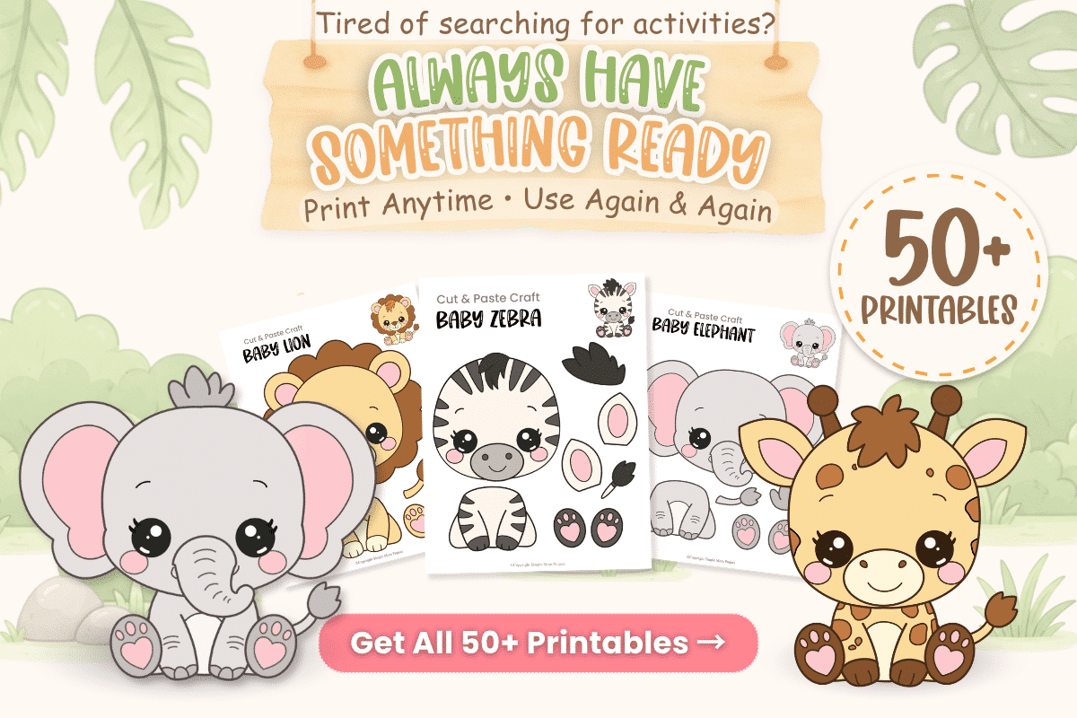 Baby Safari Activity Bundle with 50+ printable preschool animal crafts, coloring pages, and cut-and-paste activities.