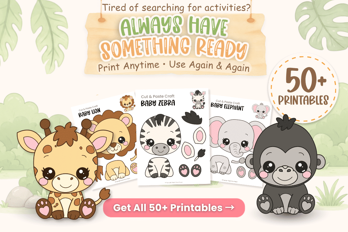 Baby Safari Activity Bundle with 50+ printable preschool animal crafts, coloring pages, and cut-and-paste activities.