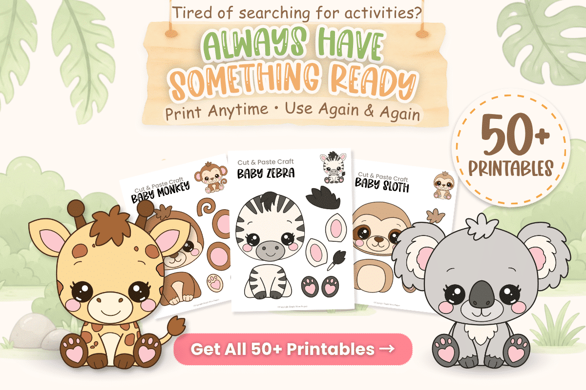 Baby Safari Activity Bundle with 50+ printable preschool animal crafts, coloring pages, and cut-and-paste activities.