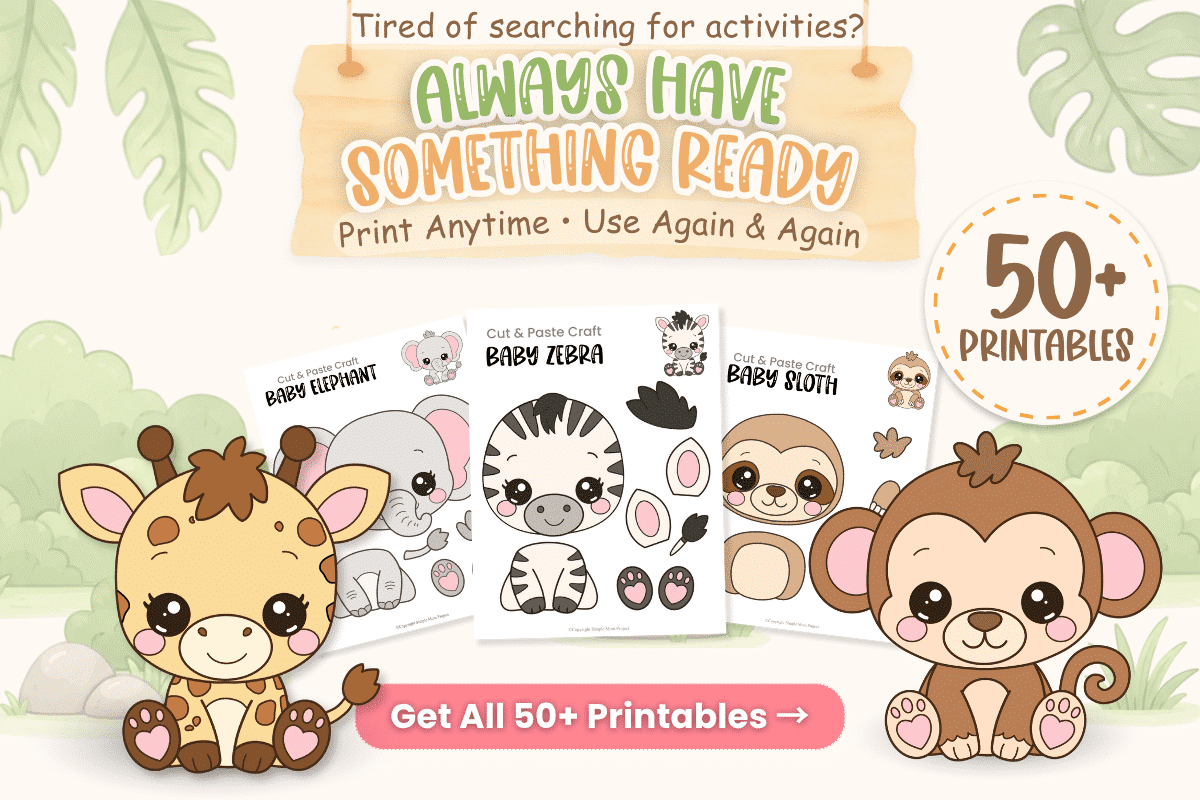Baby Safari Activity Bundle with 50+ printable preschool animal crafts, coloring pages, and cut-and-paste activities.