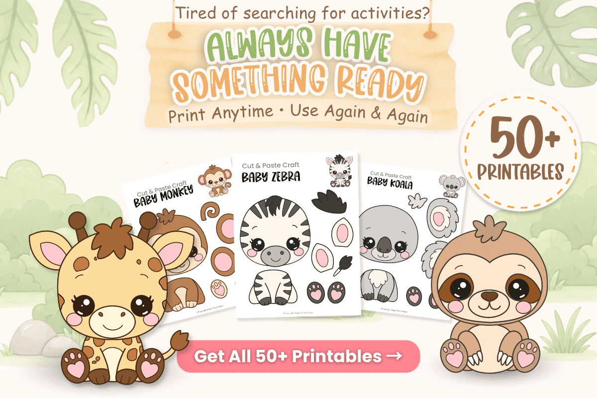 Baby Safari Activity Bundle with 50+ printable preschool animal crafts, coloring pages, and cut-and-paste activities.