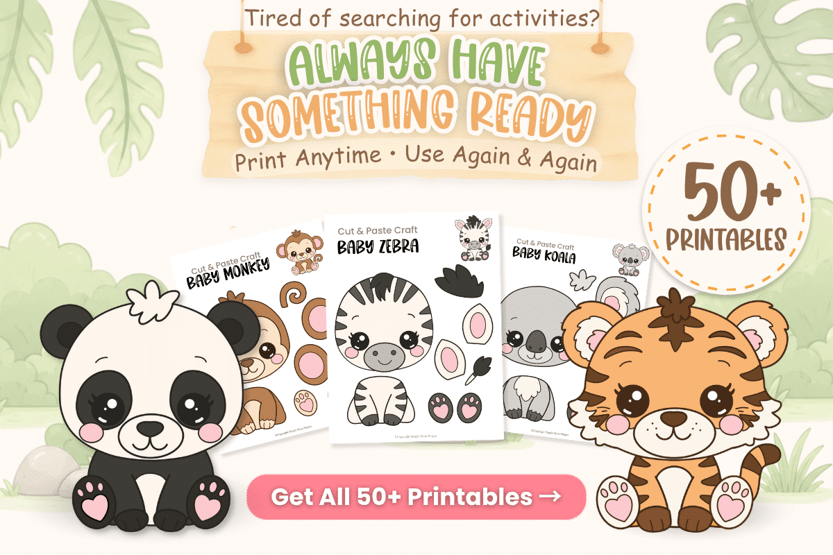 Baby Safari Activity Bundle with 50+ printable preschool animal crafts, coloring pages, and cut-and-paste activities.