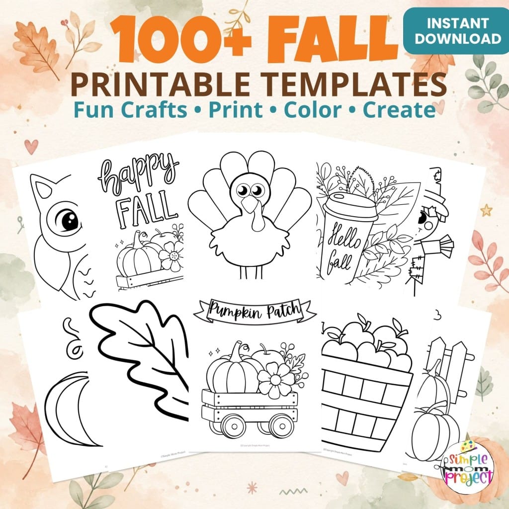 Preview of 100+ fall printable templates for preschool and kindergarten crafts, coloring and classroom activities.