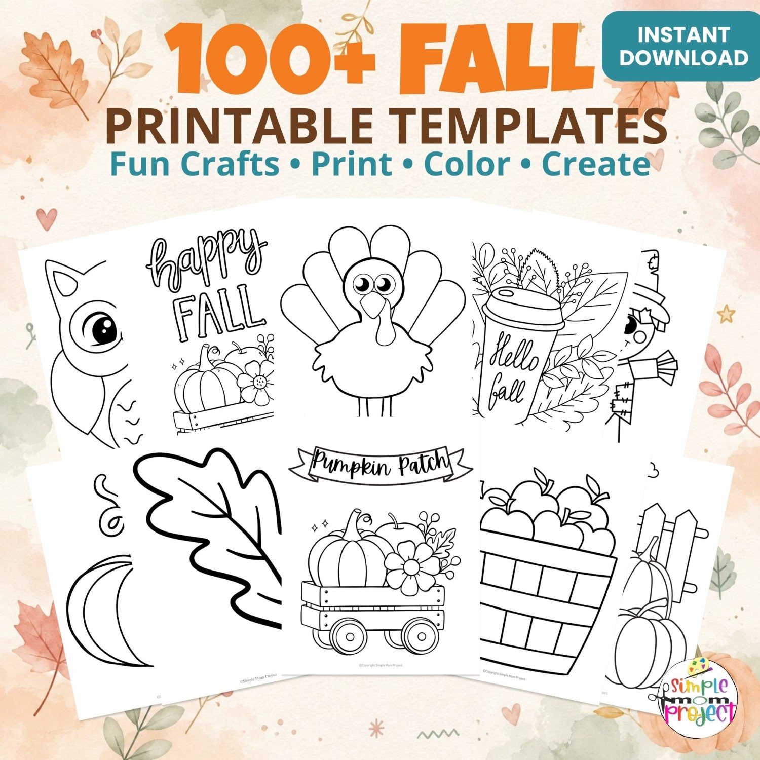 Preview of 100+ fall printable templates for preschool and kindergarten crafts, coloring and classroom activities.