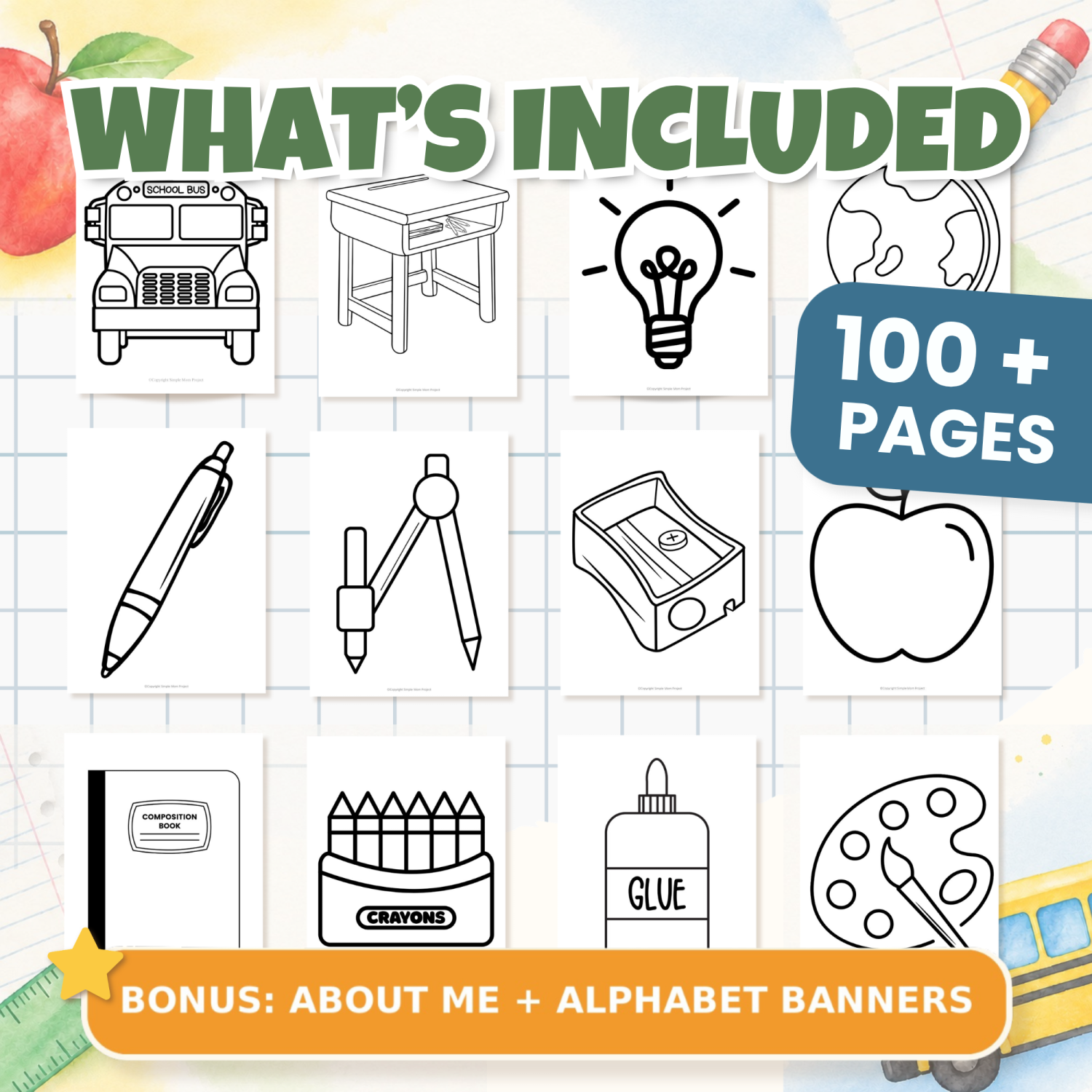 Back-to-school bundle preview showing printable school bus, desk, light bulb, globe, pen, compass, sharpener, apple, notebook, crayons, glue and art palette templates.