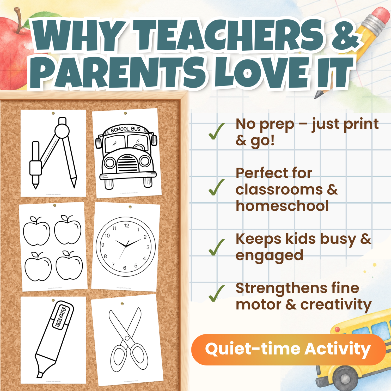 Back-to-school templates displayed on a classroom corkboard beside benefits for teachers, parents and homeschool families.