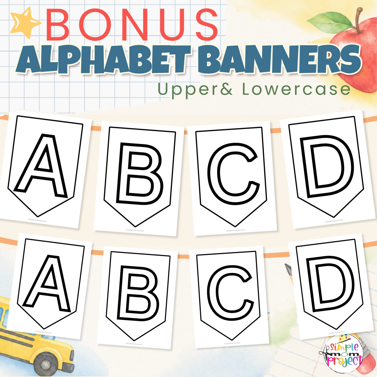 Printable uppercase and lowercase alphabet banner templates displaying letters A through D on a watercolor school background.
