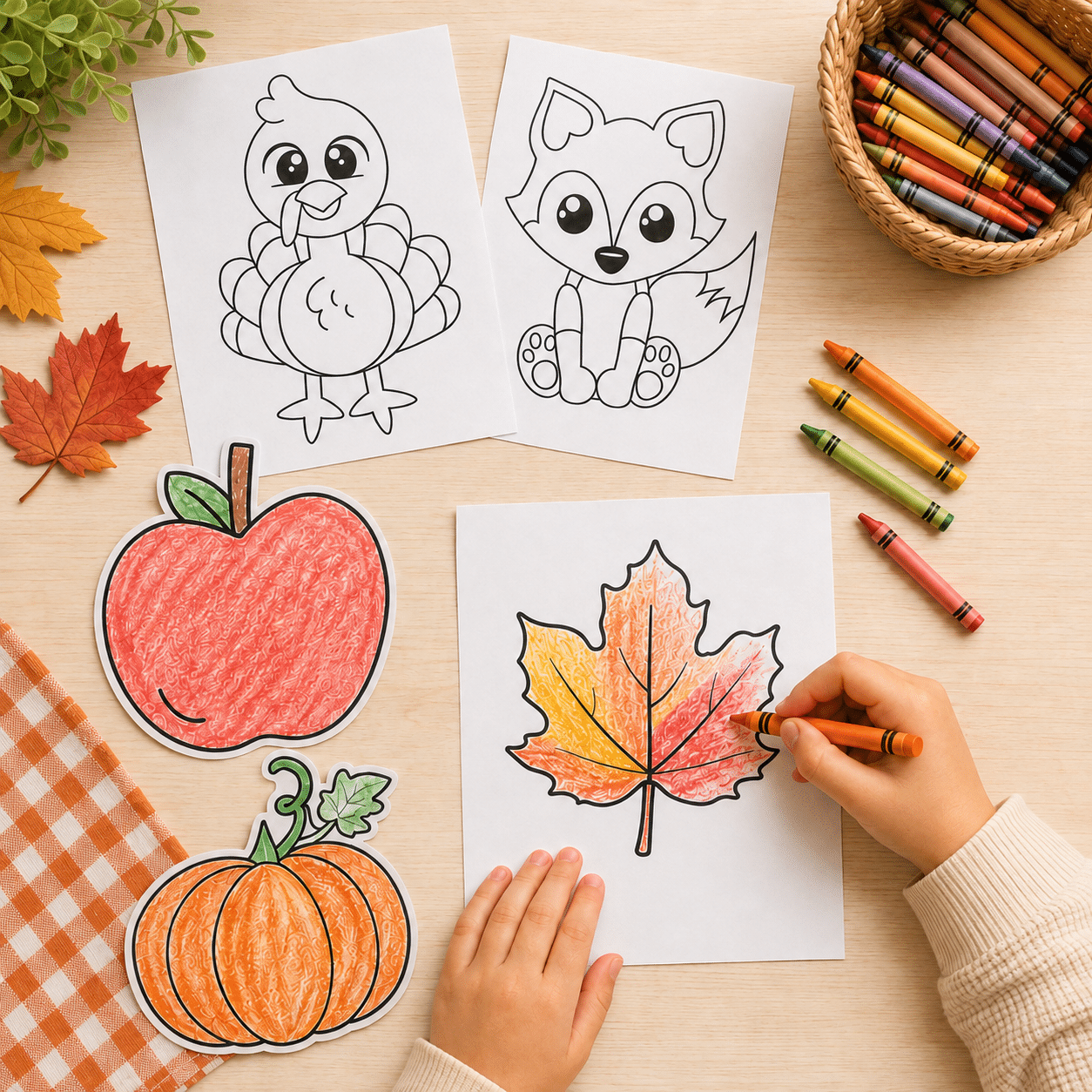 Children drawing and coloring fall printable templates with crayons during a hands-on seasonal activity.