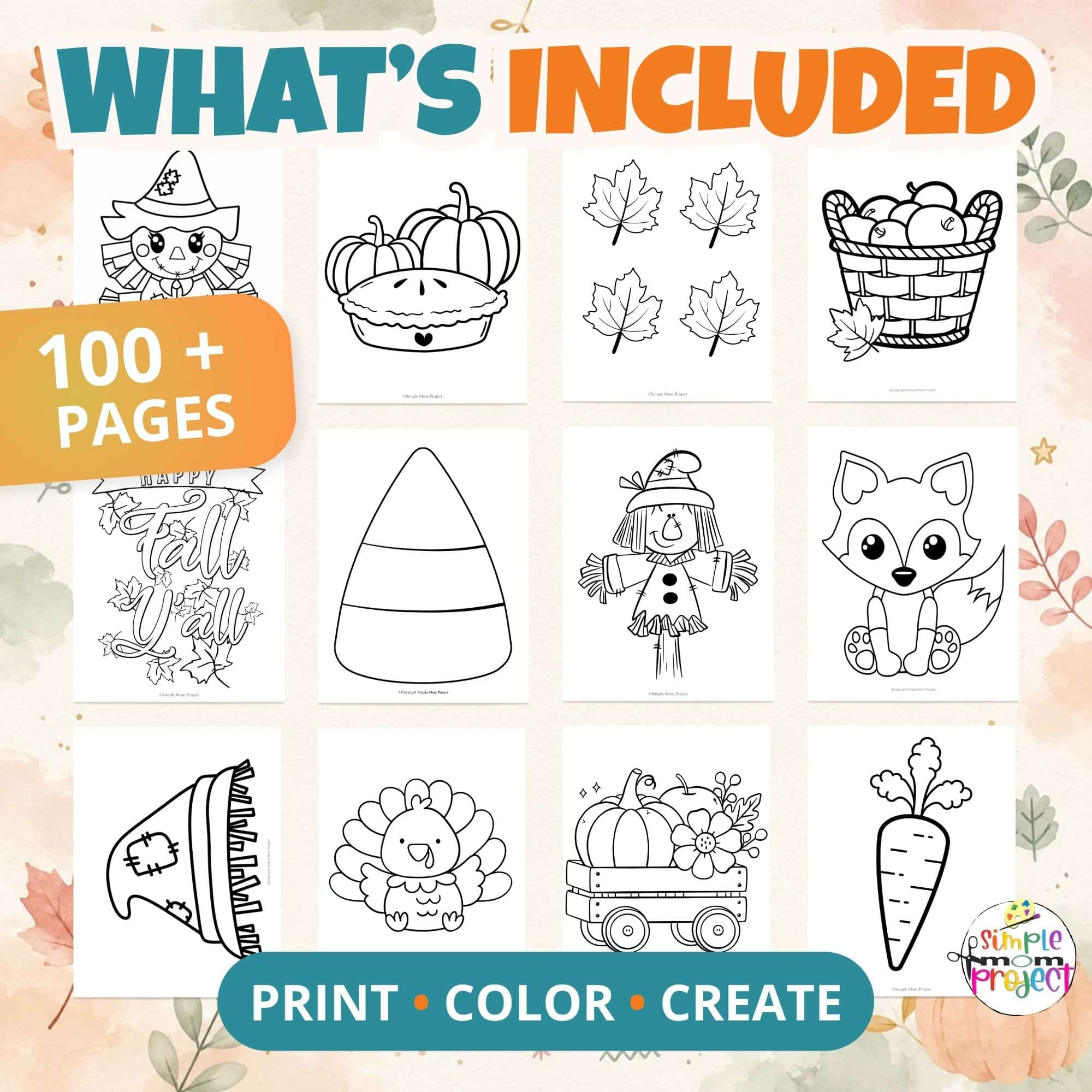 Collection of fall printable templates featuring scarecrows, pumpkins, leaves, foxes, turkeys and harvest activities.