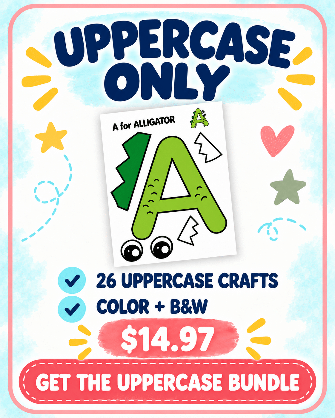 Uppercase-only alphabet craft bundle with 26 crafts in color and black and white for $14.97
