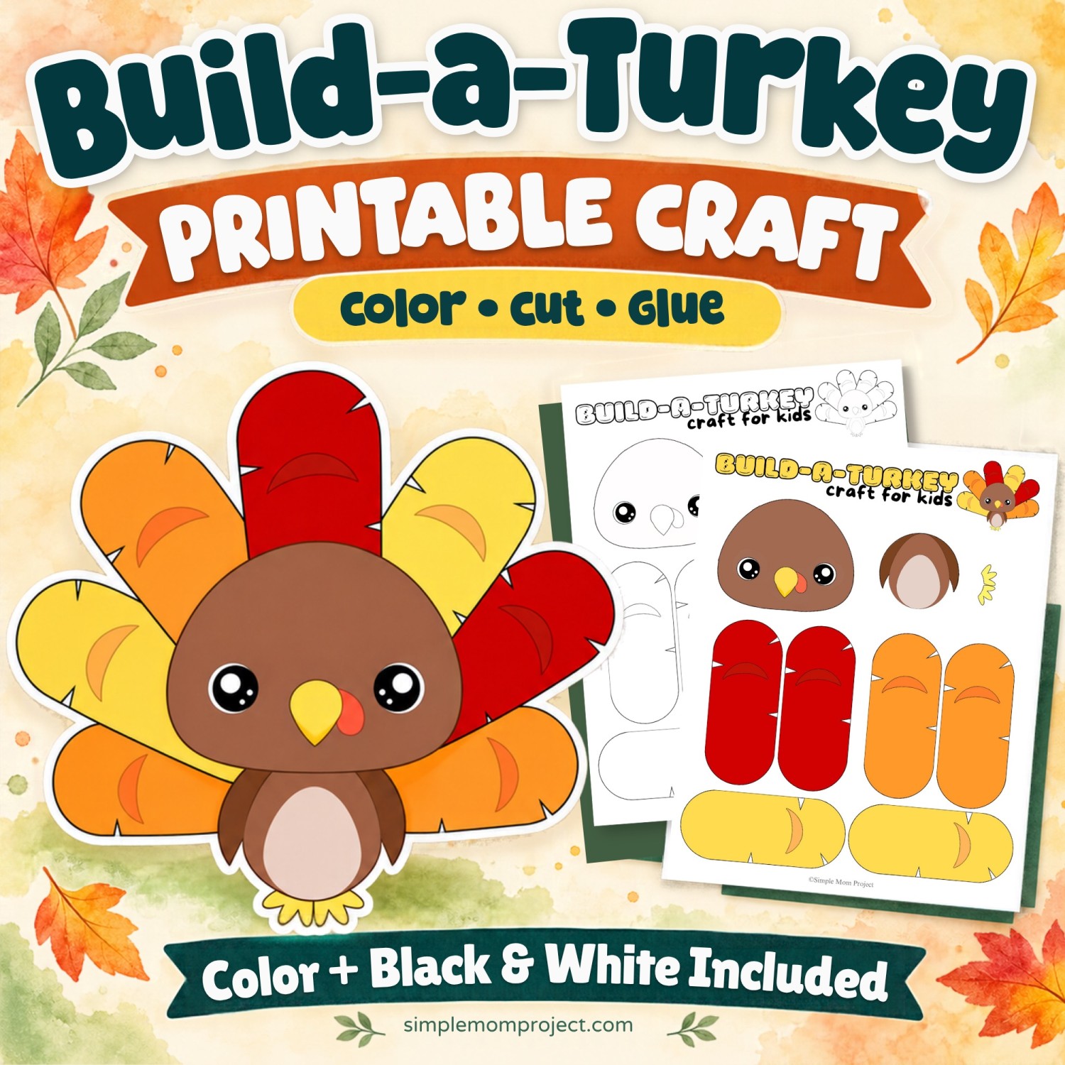 Printable Build-a-Turkey cut and paste craft with color and black-and-white turkey templates